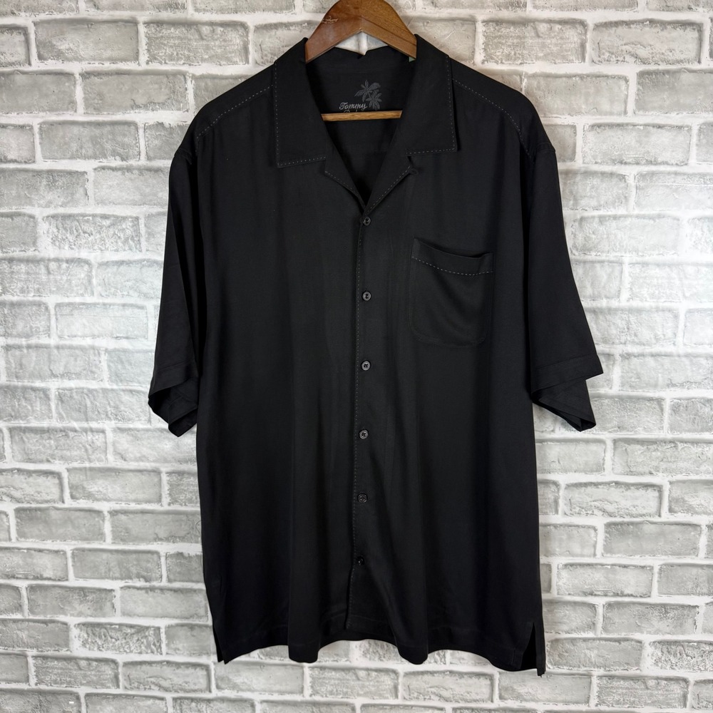Tommy Bahama Mens XL Black 100% Silk Short Sleeve Camp Shirt Pick Stitch Pocket
